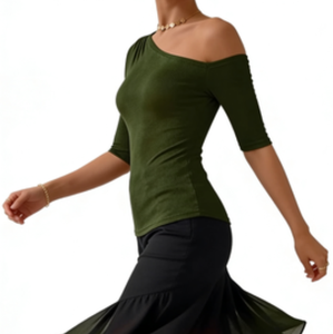 Top a Costine <span class=keywords><strong>Monospalla</strong></span> Verde Oliva da Donna, Vestibilità Slim, Mezza Manica, Asimmetrico, Casual, per Streetwear Quotidiano e Feste - Product Image 5