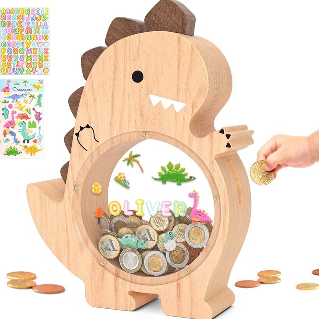 Wooden  Dinosaur Piggy Bank Cute Money Bank Kids Boys Toddlers Creative Saving Coin Jar Personalized Present Child Birthday Safe