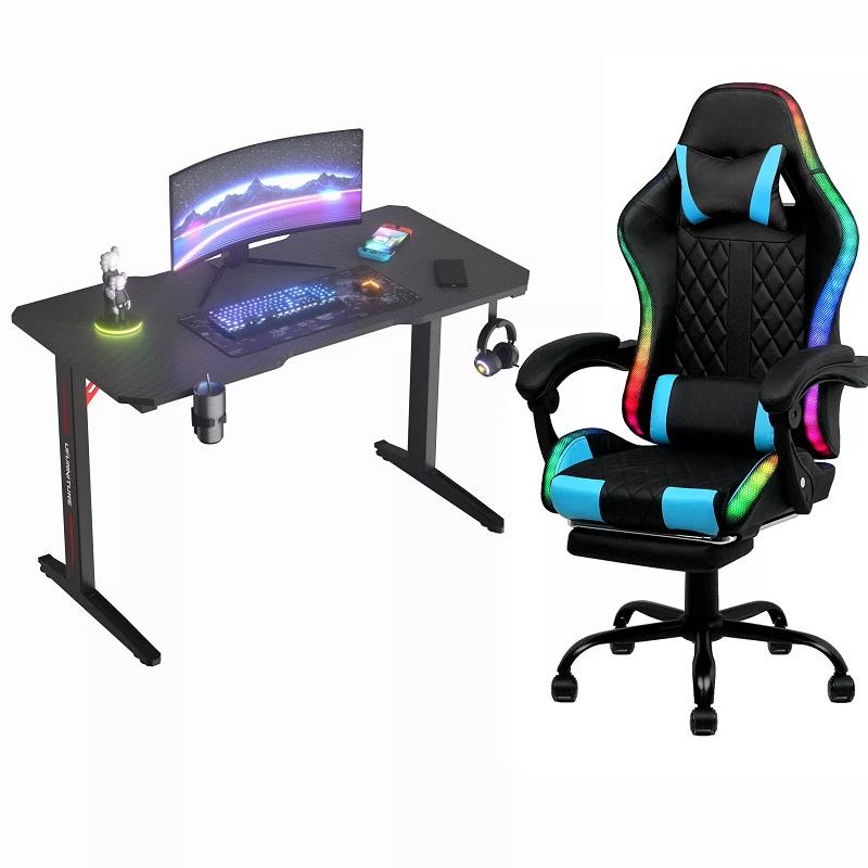 Gaming Desk & Chair Combo Set | RGB LED Electric Height-Adjustable Standing Desk, Metal Frame Racing Chair, Complete PC Gamer Setup (Kuwait)