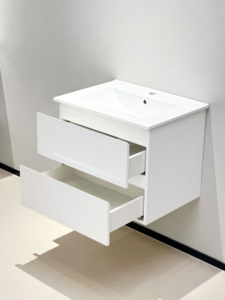 E0 Meuble-lavabo moderne laqué MDF blanc 18.90 "x 17.91" x 18.90 2 grands tiroirs pour lavabo <span class=keywords><strong>peu</strong></span> profond, design européen mince - Product Image 3