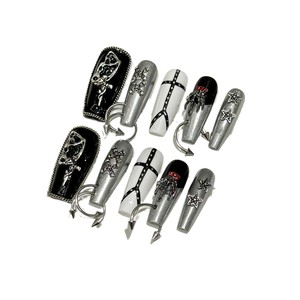 Faux ongles à presser style Punk Gothique, extra longs, <span class=keywords><strong>avec</strong></span> <span class=keywords><strong>strass</strong></span> noirs, faits main haut de gamme, au design élégant et original, blancs, de niche - Product Image 2