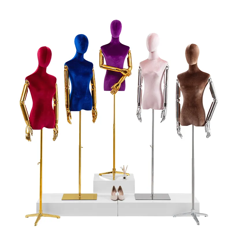 Negozio di abbigliamento Lady Display Dress Form modelli Boutique donna manichino femminile mezzo corpo in velluto con parte superiore del corpo con braccio flessibile