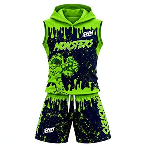Conjunto de Camiseta y Pantalones Cortos de Baloncesto con Capucha, Color Verde Neón, Diseño de Monstruos, Gráfico Sublimado, Uniforme de Equipo Personalizado - Product Image 1