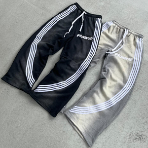 Pantalon de survêtement streetwear personnalisé pour homme, en coton épais, délavé à l'acide, coupe oversize, jambe large, style baggy, rayé - Product Image 1