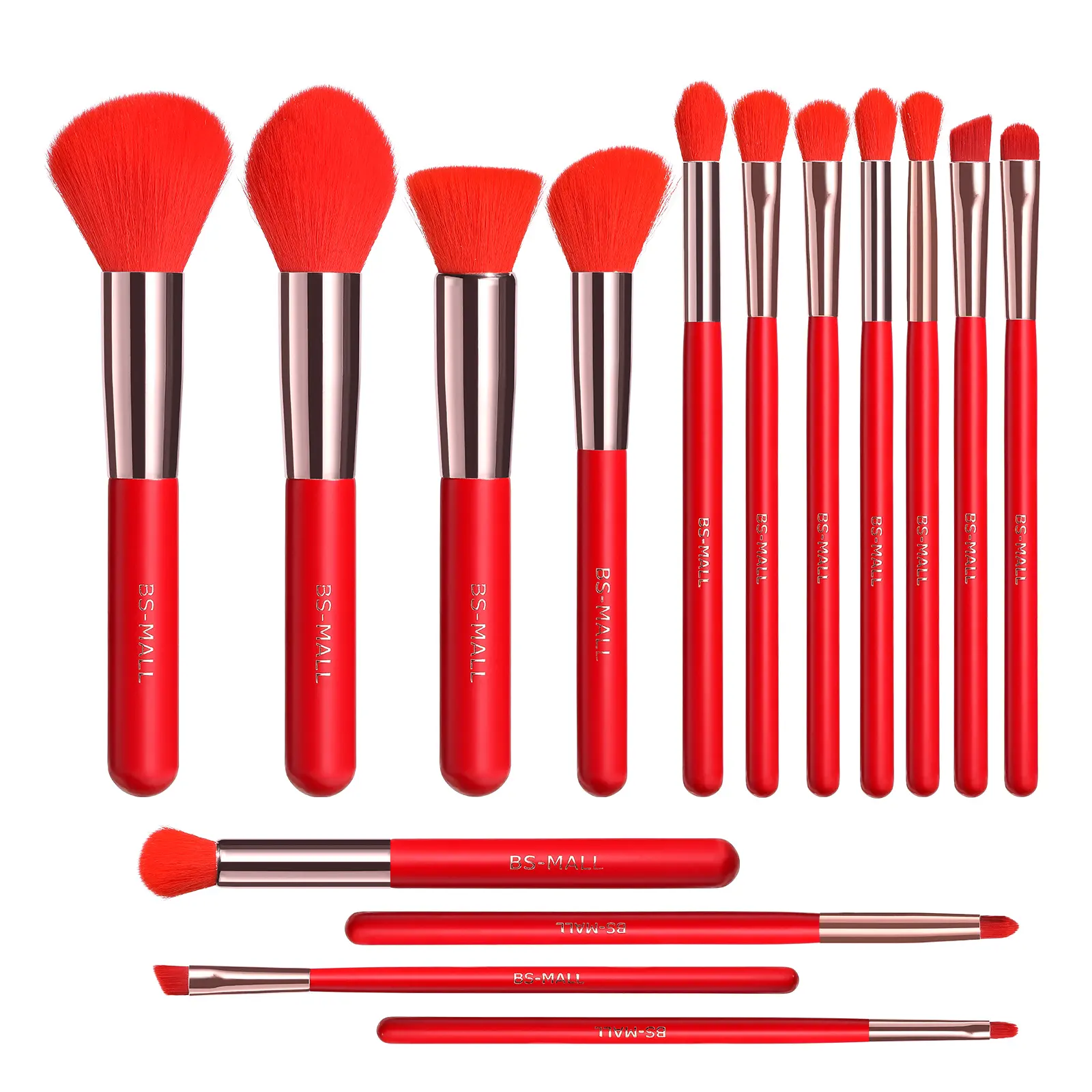 BS-MALL Red Makeup Brushes 15PCS High Quality Vegan Synthetic Red Hair Face Makeup Brushes Private Label
