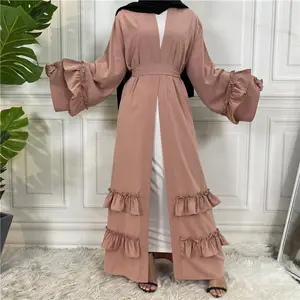 ドバイアラブプリーツスリーブタイレディースシンプルカジュアルイスラム教徒ロングドレスブラックaAbayaオープンアバヤ女性イスラム教徒ドレス