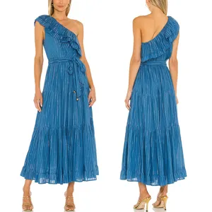 High Quality Fashion Women Summer Clothes Blue Gold Striped Chiffon One Shoulder Summer Dresses Maxi Dress