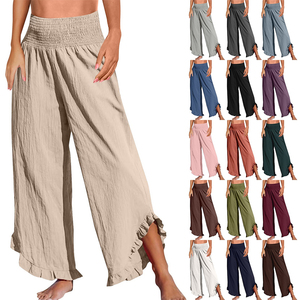 DOVEARK <span class=keywords><strong>Pantalon</strong></span> décontracté pour <span class=keywords><strong>femme</strong></span>, style européen et américain, taille haute, avec cordon de serrage, froncé, coupe irrégulière, en coton et lin doux, coupe ample - Product Image 1