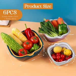 Drain <b>Basket</b> 6 Piece Set Double Layer Sink With Handle Kitchen Multifunctional Fruit Bowl Wash Dry Storage Food Container - Product Image 3