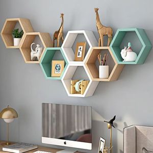 Woshun Hexagonal <b>Wall</b> <b>Mounted</b> <b>Shelf</b> Geometric Display Rack Multipurpose Decorative Bookshelf For Home Office Living Room - Product Image 4