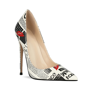 Nuove Scarpe con Tacco Alto da Donna 2020, Décolleté Bianche in PU con Tacco Sottile, Stampa Giornale, Scarpe Estive da Cerimonia, Vendita all'Ingrosso - Product Image 1