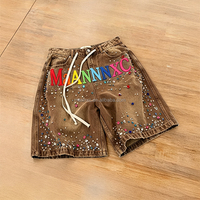 Shorts en jean délavé vintage personnalisés OEM avec logo brodé et strass, déchirés, pour hommes, style décontracté, fabrication streetwear