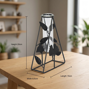 Vase de table industriel en fer avec tube en verre, hauteur 20 cm, motif feuille noire, support décoratif pour fleurs - Product Image 5
