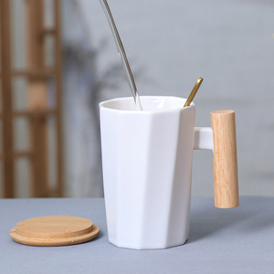<b>Ceramic</b> Mug With Wooden Handle Ten Cornered Solid Color Office Use Presents - Product Image 2