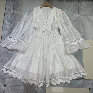 Abito Vintage con Maniche a Lanterna per Donne, Design Estivo Traforato all'Uncinetto con Scollo a V, Elegante e Raffinato, Linea A, Vestibilità Slim, in Poliestere - Product Image 4