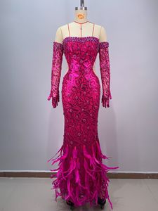 Vestido de Alta Costura 2024, Nuevo, de Lujo para Mujer, Elegante, con Pedrería, Plumas, Lentejuelas <span class=keywords><strong>Rojas</strong></span>, sin Tirantes, para Espectáculos - Product Image 4