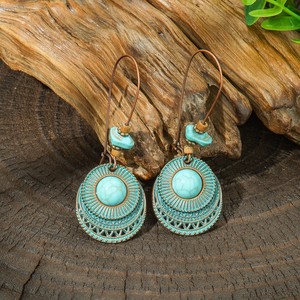 Ethnic Style Alloy <b>Drop</b> Earrings Women's Turquoise Bezel Setting Geometric Design Fashion Jewelry - Product Image 1