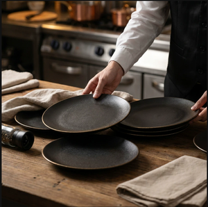 Black Matte Ceramic Round <b>Plate</b> With Gold Rim Western Steak Sashimi <b>Plate</b> Custom Logo For Hotel Restaurant Wholesale - Product Image 5