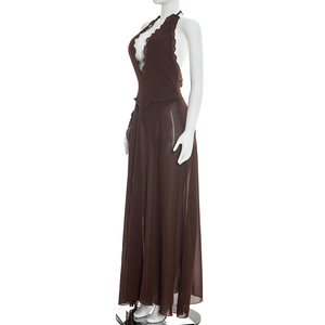 Viviblook Y26DS063 Robe d'été sans manches pour femme, nouvelle robe de soirée maxi sexy à col bas et fente haute, style halter - Product Image 4