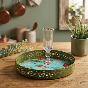 Plateau de service décoratif à motifs floraux vert avec centre turquoise, usage résidentiel - Product Image 2