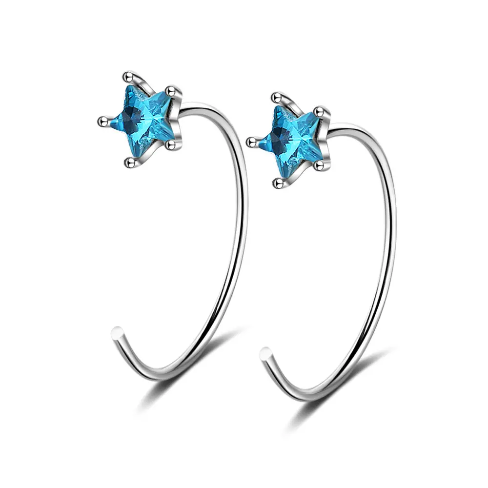 Dainty Blue Crystal Rhinestone Star Hook Earrings White Gold Plated Copper Curved Line Earrings Women Statement Jewelry