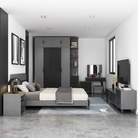 Vente Chaude 2022 Élégant Ensemble Complet de Chambre à Coucher Moderne Gris Foncé Meubles de Chambre à Coucher Lit en Bois avec Rangement Commode Armoire