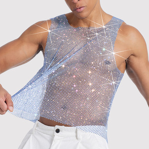 King Mcgreen Star Rhinestone Tank Tops Hombres Sexy Tops O Cuello Camisa sin mangas Fishnet <span class=keywords><strong>Chaleco</strong></span> transparente Malla brillante Ropa de fiesta - Product Image 1