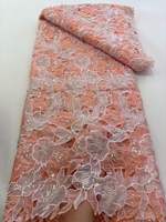 Tissu en dentelle élégant et luxueux à fleurs, orné de perles et de paillettes, 100% polyester, sans élastique, pour robes de mariée et robes