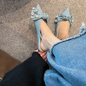 Nouvelles sandales plates d'été pour femmes, respirantes, antidérapantes, légères, avec nœud papillon, cristaux, en tissu denim et coton, chaussures plates d'extérieur, OEM - Product Image 6