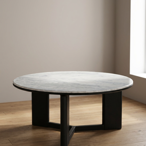 Mesa de Comedor Redonda Moderna para 4 Personas con Tapa de Mármol y Patas de Metal Negro Acanalado - Product Image 2