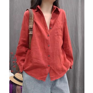 Women's Cotton Linen Long Sleeve Shirt Red Loose Fit Vintage Casual Blouse Everyday Wear ZY-693 - Product Image 1