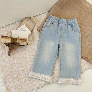 Girls Clothing Set Beige Embroidered Top With Ruffles And <b>Light</b> Blue Jeans Two Piece Summer Outfit For Toddlers - Product Image 4