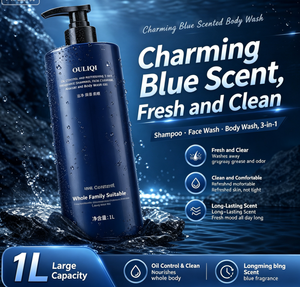 Gel lavant 3-en-1 bleu parfumé pour cheveux, corps et visage, contrôle du sébum, parfum frais, flacon pompe 1 L - Product Image 1