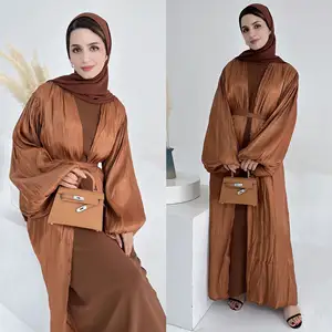 2024 Wholesale Turkish Luxury Modest Dubai Abaya Balloon Sleeve Women Muslim Dress Robe Shining Satin Silk Open Kimono Abaya