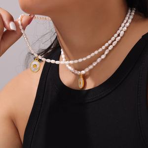 高品質ファッションジュエリー18Kゴールドステンレスシェルオーバルディスクペンダント天然淡水パールビーズネックレス女性用 - Product Image 3