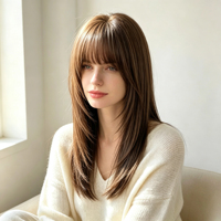 Perruque synthétique lisse mi-longue marron chaud avec frange rideau, résistante à la chaleur, longueur aux épaules, pour usage quotidien