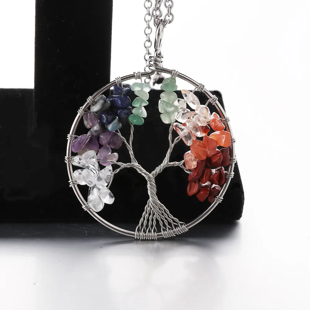 Natural Stone Tree of Life Pendant Necklace 7 Chakra Necklace Handmade Quartz Crystal Necklace Pendant Wedding Jewelry for Women