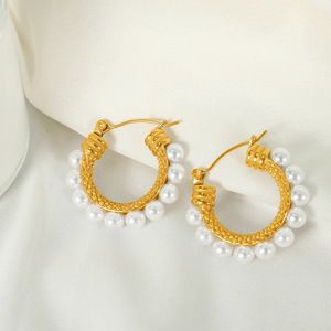ต่างหูแบบห่วง ประดับลูกปัดทอง มุกเกรด AA ดีไซน์เรขาคณิต ใส่ได้ทุกวัน รุ่น EH141 - Product Image 2