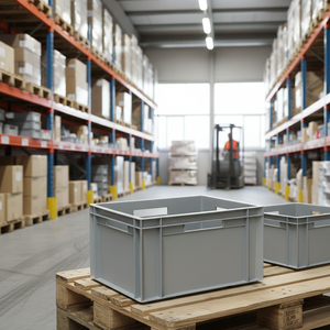 KT 4322 Heavy Duty Industrial Plastic Pail Grey Rectangle Euronorm <b>Crate</b> Container <b>Box</b> - Product Image 3