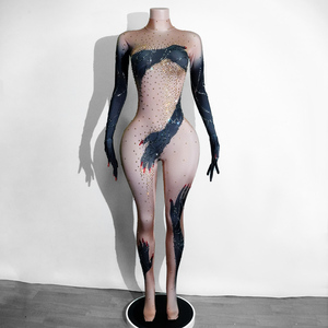 Catsuit Sexy in Cotone Spandex con Stampa Mani Nude e Strass per Donna, Ideale per Festival Elettronici, Danza, Servizi Fotografici, Star del Pop e Sfilate sul Palco - Product Image 1