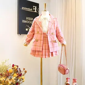 Winter Autumn Girl 2pcs Long Baby's Gingham Jacket Coat and Dress Mini Skirts Kids Children Boutique Clothing Outfits Set