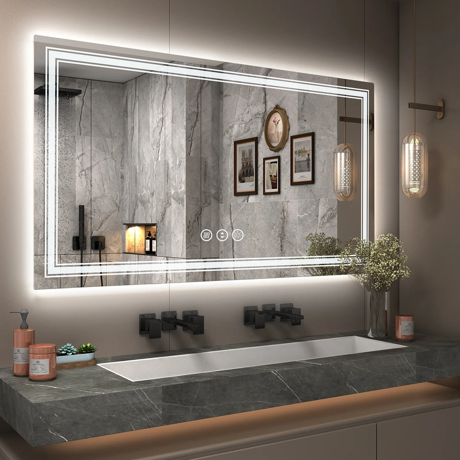 Electronic Demist Smart Led Bathroom Horizontal Hanging 3 Colors Changeable Tempered Bathroom Mirror