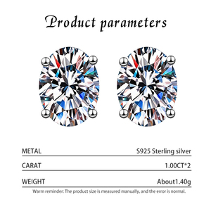 Boucles d'oreilles clous en moissanite ovale brillante S925 en argent sterling, couleur D, VVS1, 1 carat, plaquées rhodium, vente en gros d'usine pour femmes - Product Image 3