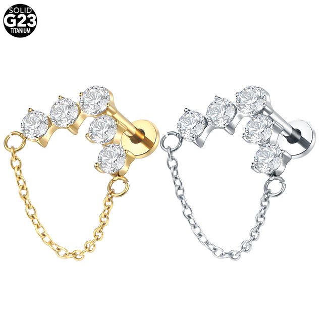 High Quality ASTM F136 Titanium Chain Nose Nail Internally Threaded 5 CZ Top Labret Stud Piercing Jewelry
