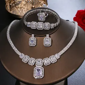 American luxury bridal jewelry set gold plated copper cubic zirconia diamond jewelry necklace earring set