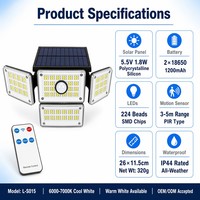 Lampe solaire à détecteur de mouvement à 224 LED, télécommandée, design à 4 feuilles, lampe murale de sécurité résistante aux intempéries, haute efficacité pour les chemins