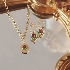 Collares de flores de tulipanes de Color dorado para mujer, cadena gruesa, moneda de camafeo, Gargantilla Vintage, joyería 2021