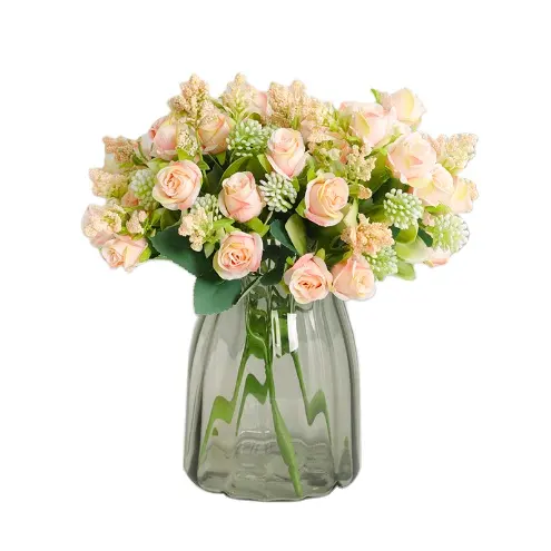 Rose di seta a 15 teste di fiori artificiali rosa per la decorazione della casa e del matrimonio