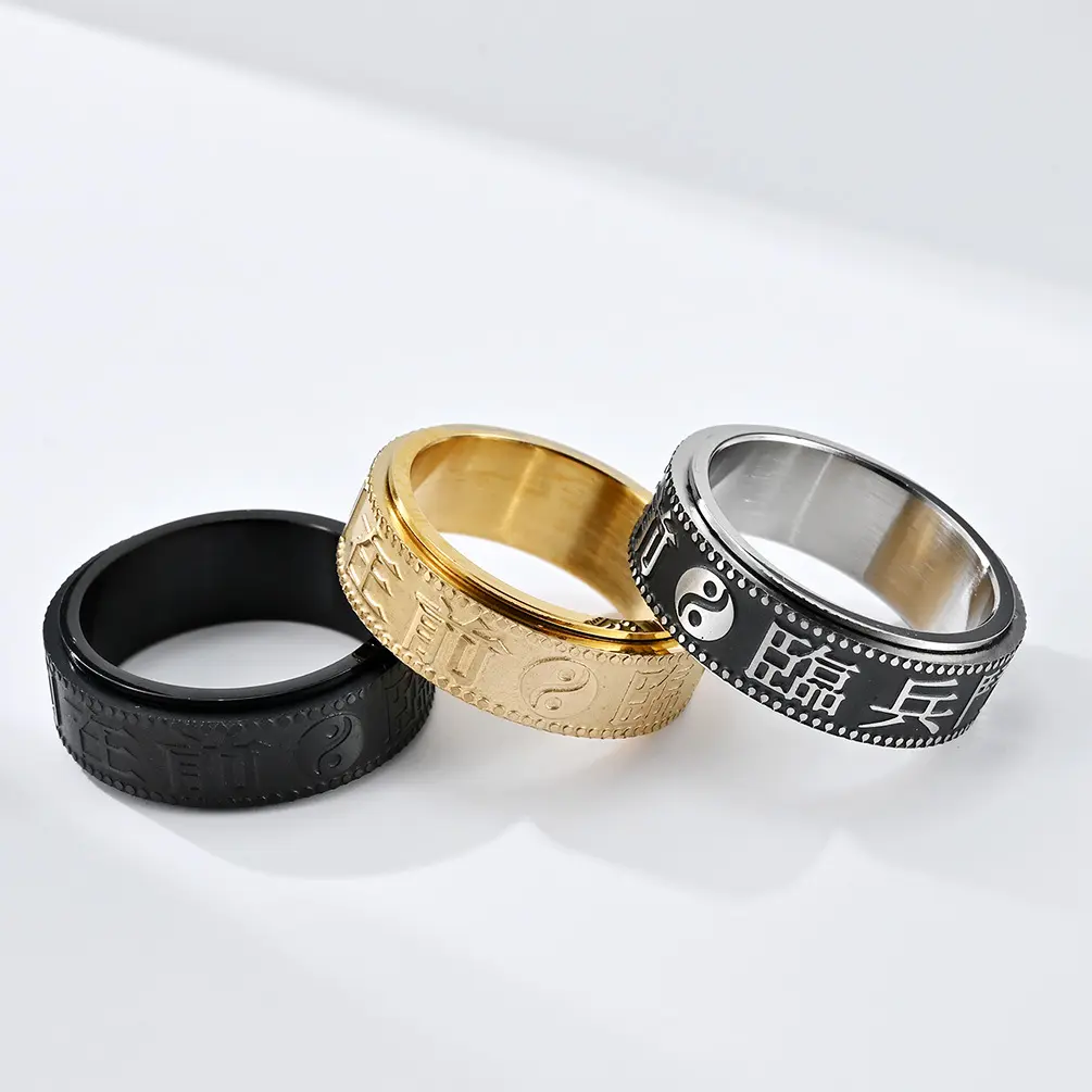 Retro Chinese wind nine words true words rotary decompression stainless steel ring ring to relieve anxiety tide stainless steel
