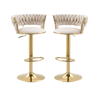Tabouret de bar pivotant moderne de luxe, base en métal plaqué or, dossier matelassé sans dossier, hauteur réglable, repose-pieds intégré